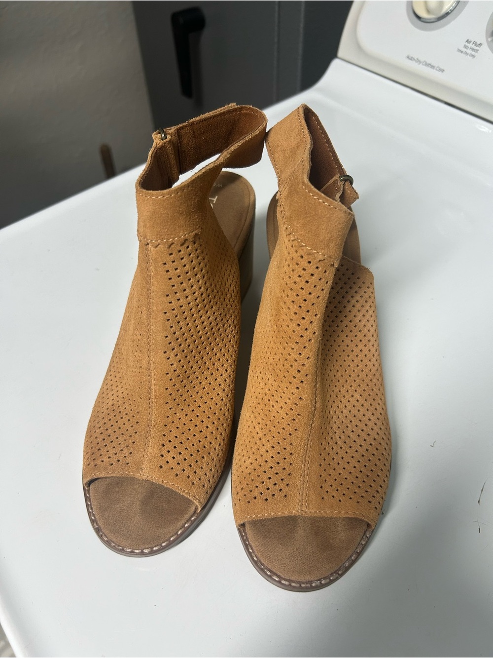 Toms Perforated Open-Toe Suede Ankle Sandals in Tan
